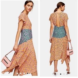 0145 Topshop Mixed Floral Print Hanky Hem Midi Dress sz 10